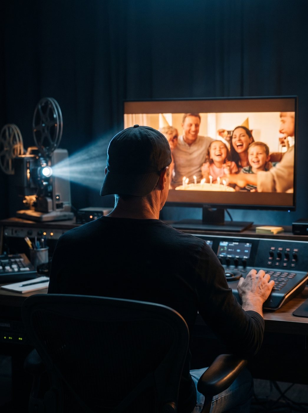 Jeff Lavin at work in the Legacy Film Creation edit suite, a family's milestone film on screen