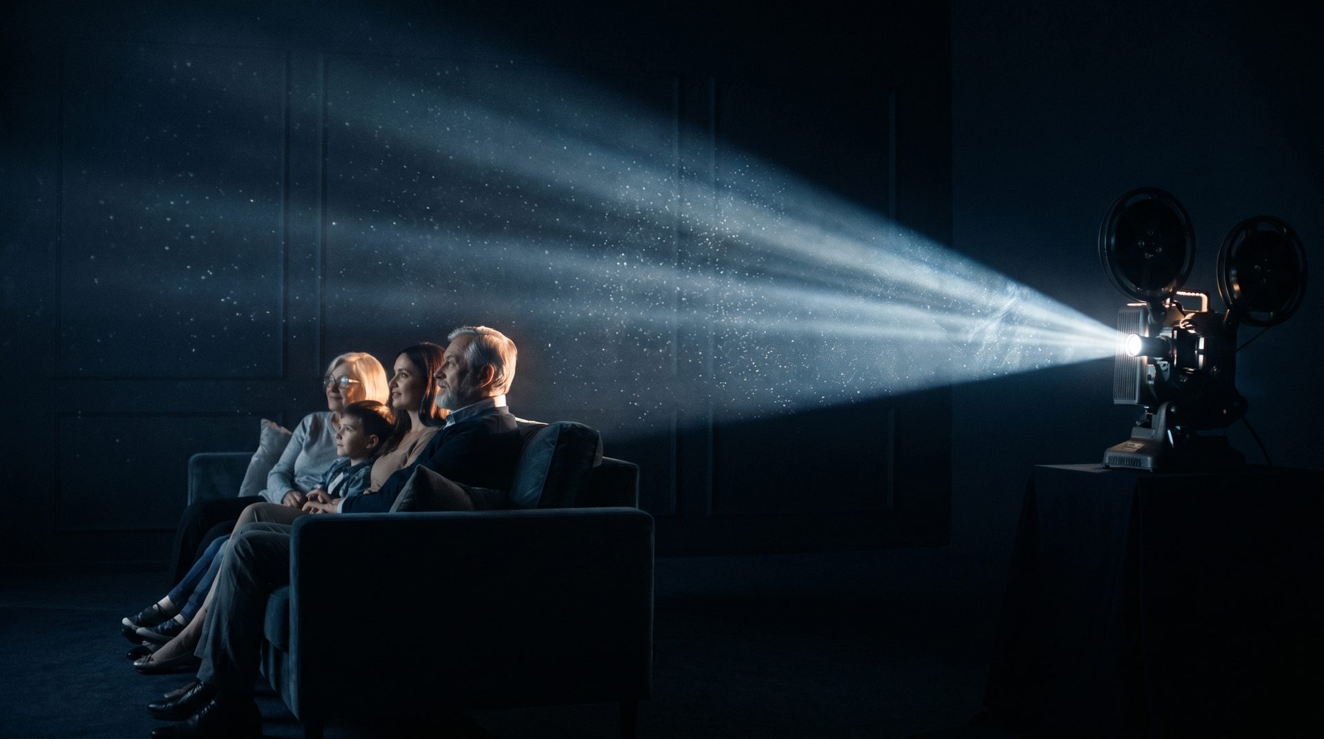 A multi-generational family watching their cinematic legacy film by projector light — Legacy Film Creation, Chicago